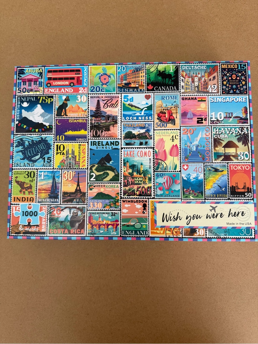 Re-Marks Wish You Were Here 1000 Piece Colorful Travel Stamp Puzzle